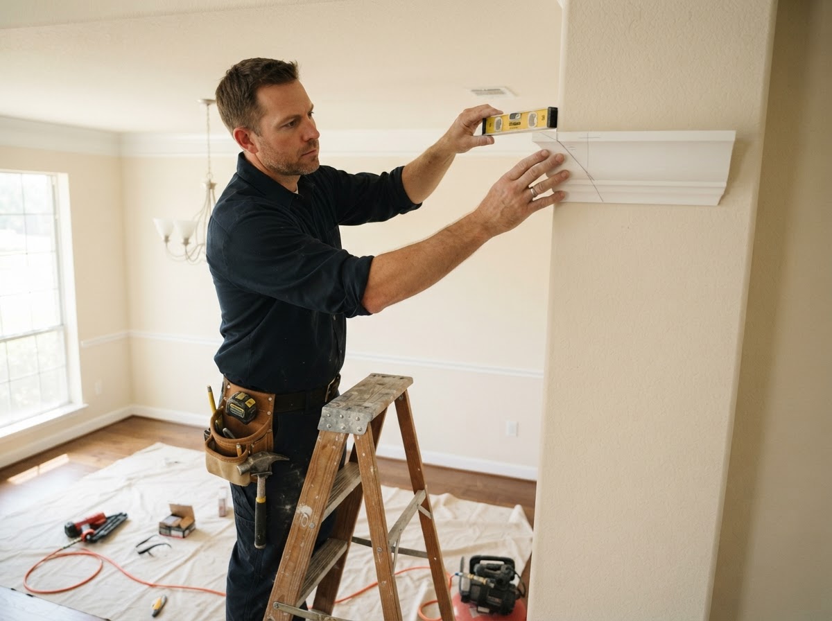 A craftsman in a navy work shirt levels a length of white crown molding against a wall in a well-kept home, with tools laid out on a canvas drop cloth protecting the hardwood floor.