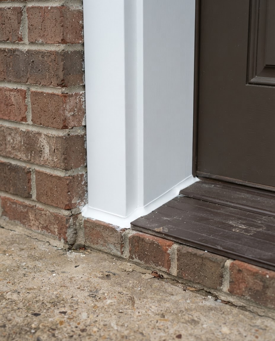 After: a new white painted door jamb with a clean, even caulk line at the brick threshold.