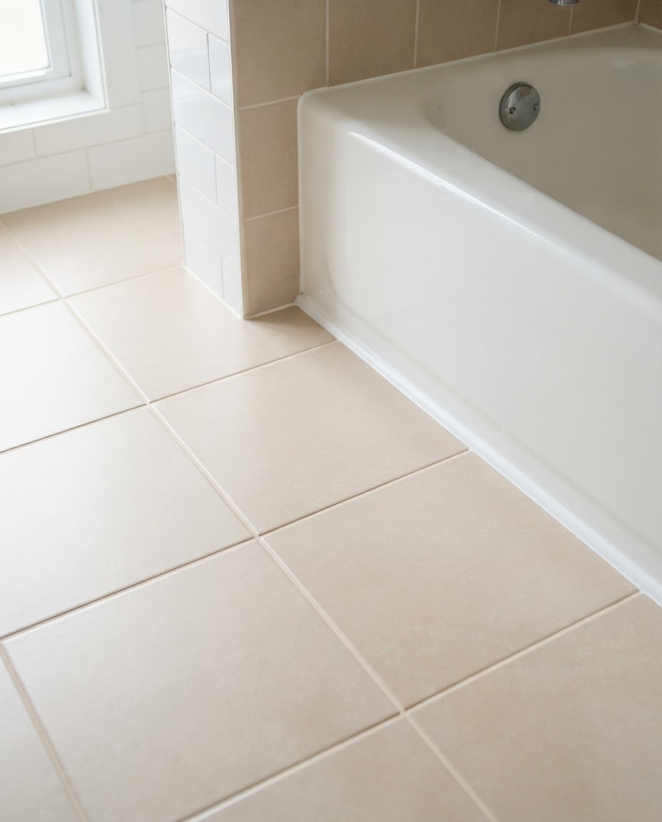 After: clean tile with even color-matched grout and a smooth new sealed joint along the tub.