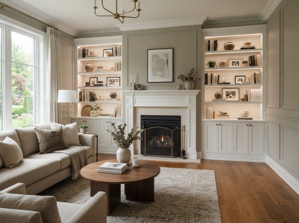 A finished living room with custom white built-in bookshelves flanking a fireplace, freshly painted trim, and hardwood floors.