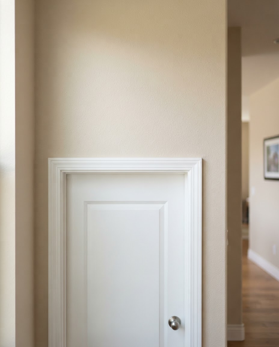 After: the same wall above the doorway, smooth and seamless with matched texture and fresh paint.
