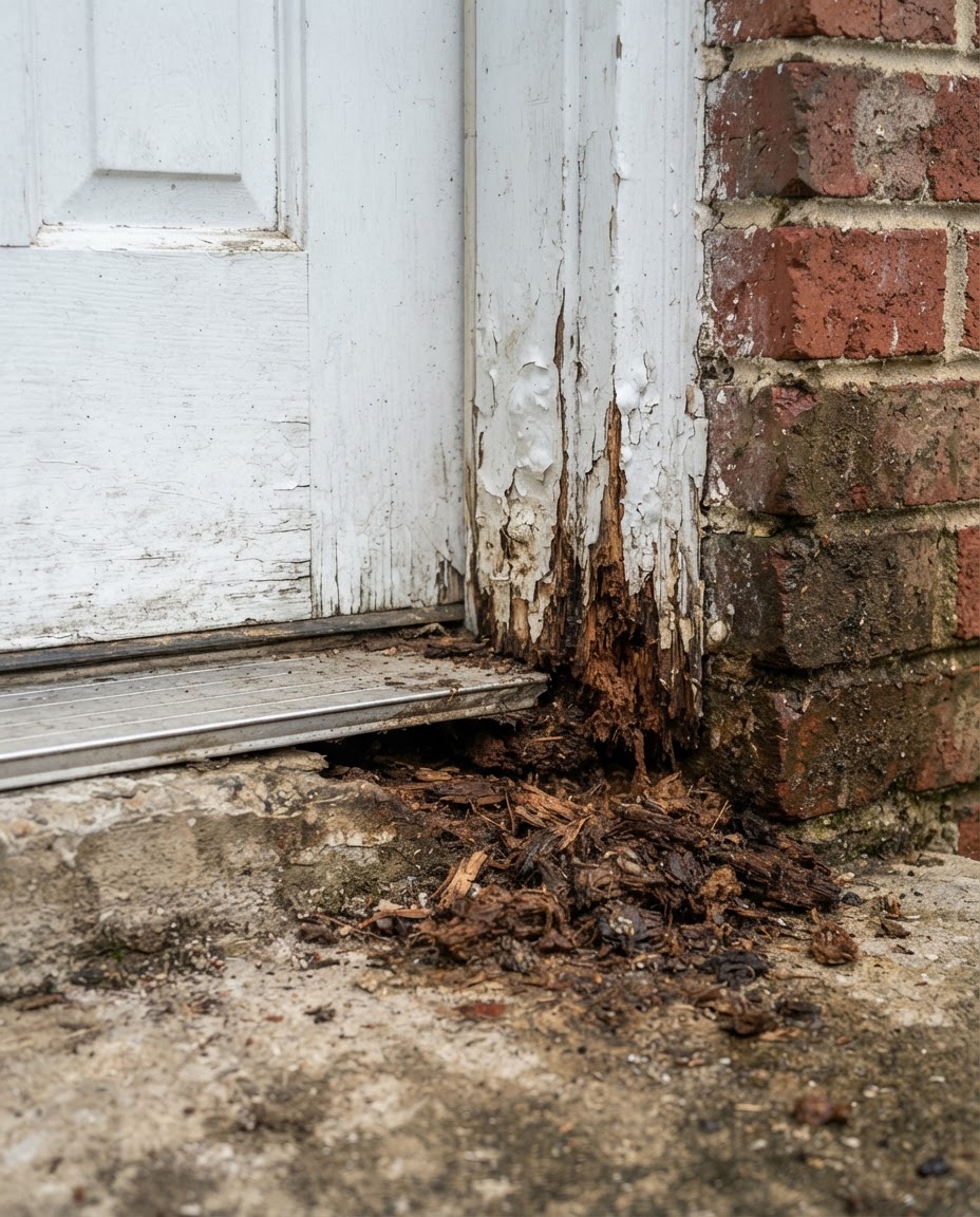 Before: peeling, blistered paint and soft rotted wood at the base of an exterior door jamb beside brick.