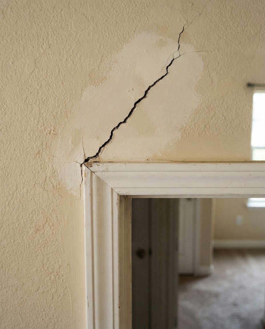 Before: a settling crack and mismatched old patch running above an interior doorway in a beige textured wall.