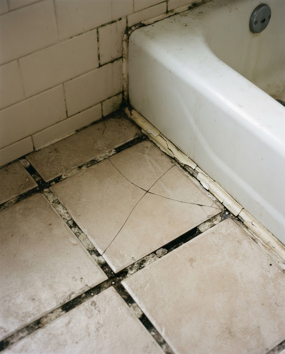 Before: crumbling, discolored grout lines, a cracked floor tile, and a separated caulk joint at the tub.